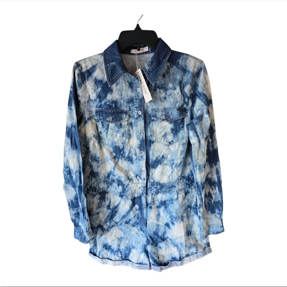 Mebon Chambray Romper Jumpsuit Sz L Women Blue Denim LongSleeve Tye Dye New